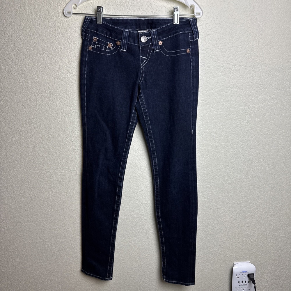 True Religion Rockstar Stella Low Rise Skinny Jeans Dark Wash White Stitch 24